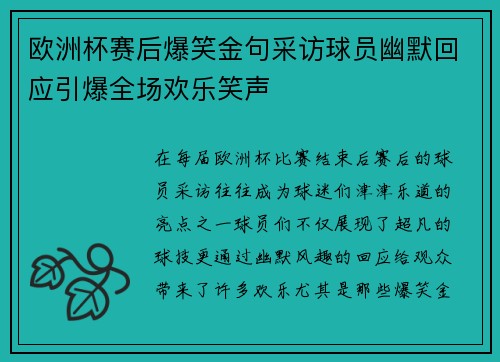欧洲杯赛后爆笑金句采访球员幽默回应引爆全场欢乐笑声 欧洲杯赛后爆笑金句采访球员幽默回应引爆全场欢乐笑声