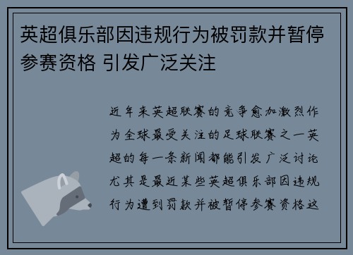 英超俱乐部因违规行为被罚款并暂停参赛资格 引发广泛关注 英超俱乐部因违规行为被罚款并暂停参赛资格 引发广泛关注